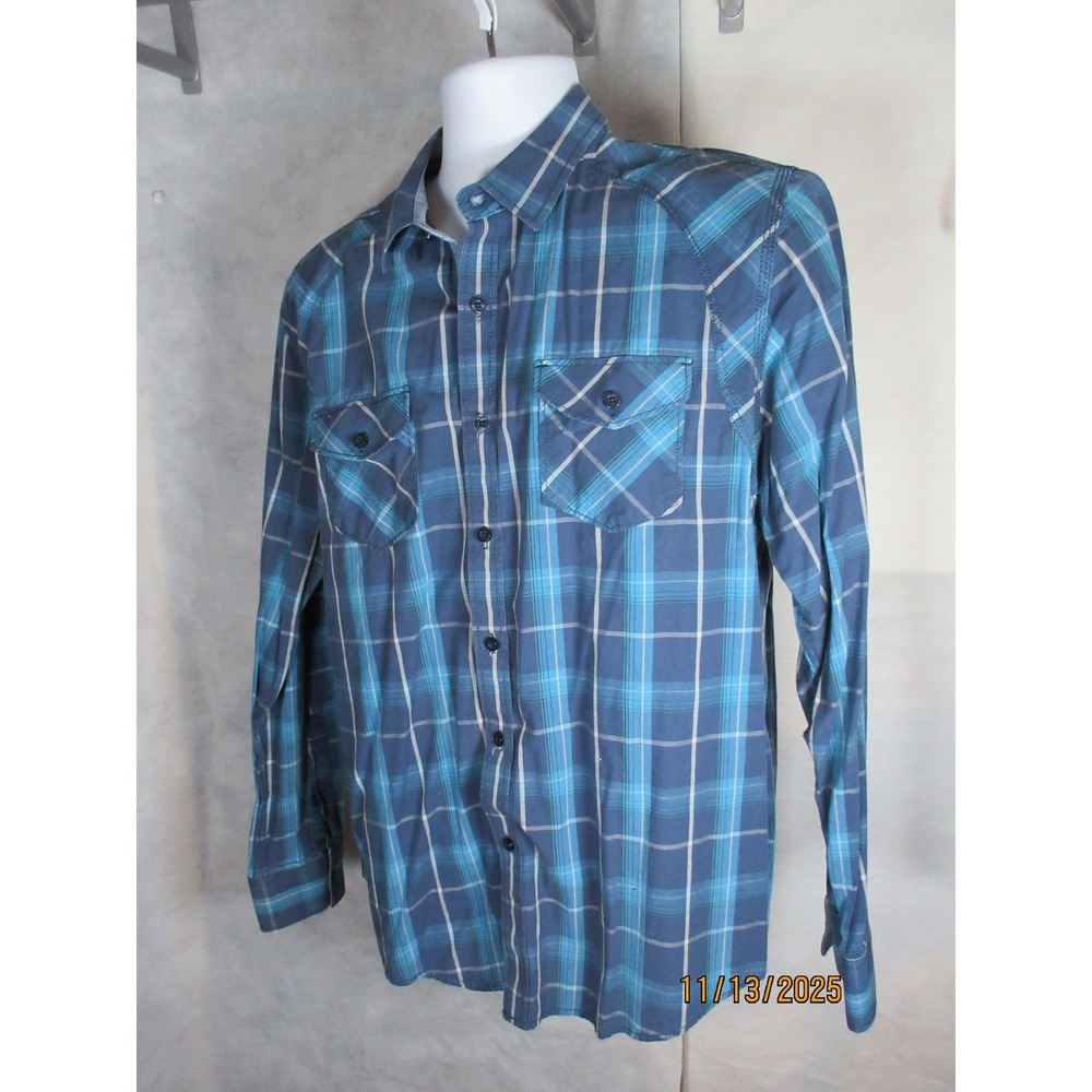American Rag Slim Fit Plaid Long Sleeve Button Down Shirt Men Size Large Blue